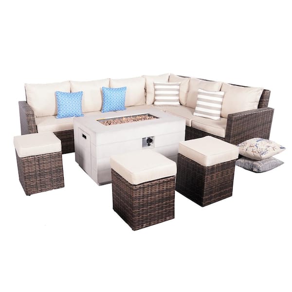 moda furnishings Fort 8-Pieces Rock and Fiberglass Fire Pit Table with Brown Wicker Conversation Set with Beige Cushions