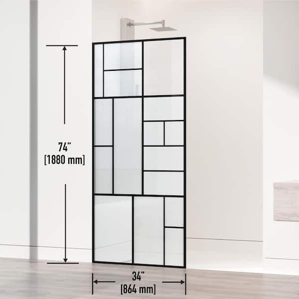 VIGO Meridian 34 in W x 74 in H Framed Shower Screen in Matte Black with Mixed Clear Grid, Privacy, and Fluto White Glass