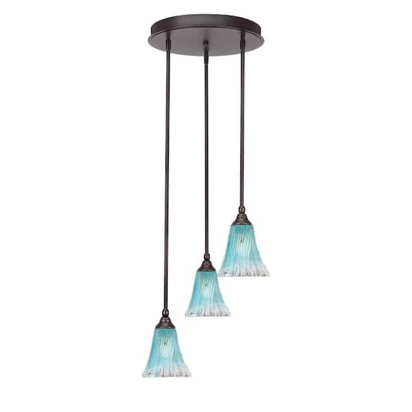 Unbranded Villa 60-Watt 14.75 in. 3 Light Dark Granite Stem Pendant Light with 5.5 in. Teal Crystal Glass Shade, No bulbs included