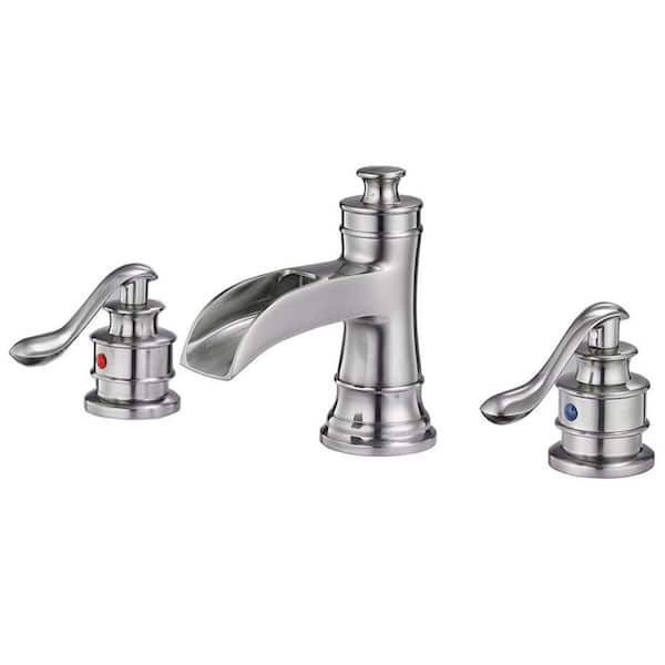 PERLIRIA INC 8 in. Widespread Double Handle Bathroom Faucet Waterfall 3-Hole Bathroom Sink Faucet in Brushed Nickel