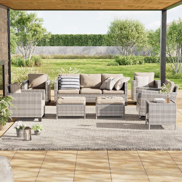 8-Piece Patio Outdoor Grey Wicker Conversation Seating Set Thickening Linen Flax Beige Cushions With Swiveling Rocker