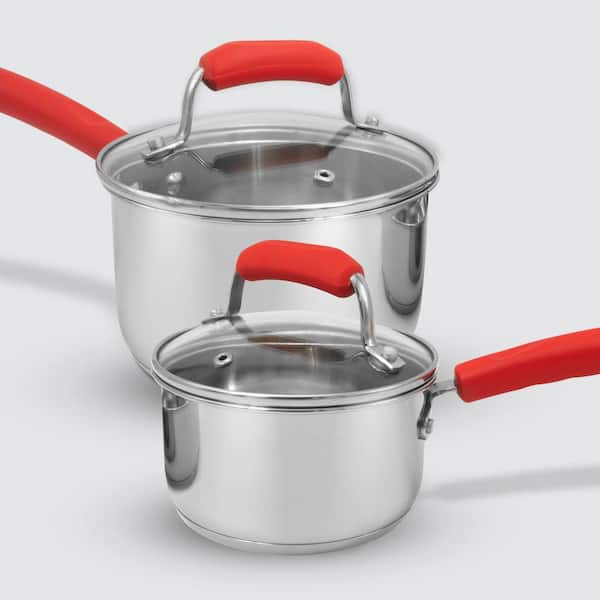 7 Piece Stainless Steel Cookware Set in Chrome with Red Handles