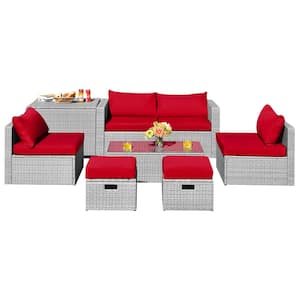 8-Pieces Patio Rattan Furniture Set Storage Waterproof Cover Red Cushion
