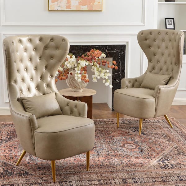 Khaki Modern Upholstered Tufted Faux Leather Wingback Dining Chair (Set of 2)