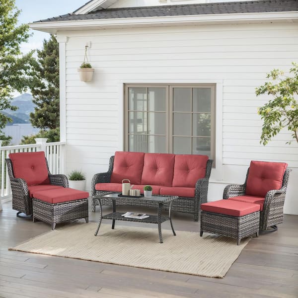 6-Piece Gray Wicker Patio Conversation Set with Olefin Red Cushions and Swivel Glider Chairs/Sofa