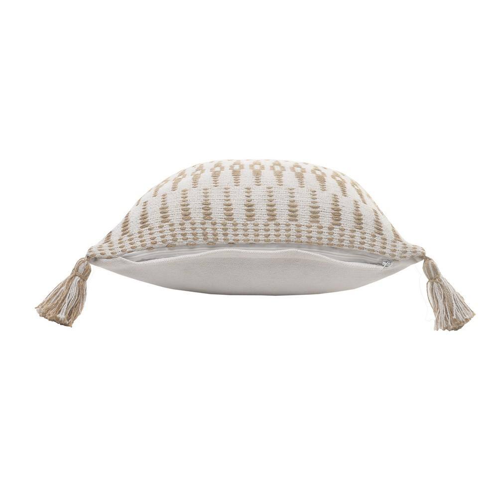 Ivory and Tan Ikat Jute Tasseled Throw Pillow, 20" x 20"