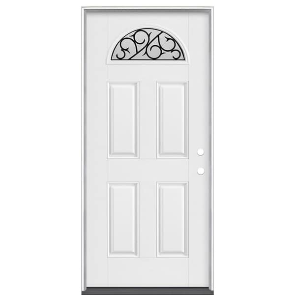 Masonite 36 in. x 80 in. Crescent Ivy Fan Lite Primed Left Hand Inswing Smooth Fiberglass Prehung Front Door No Brickmold