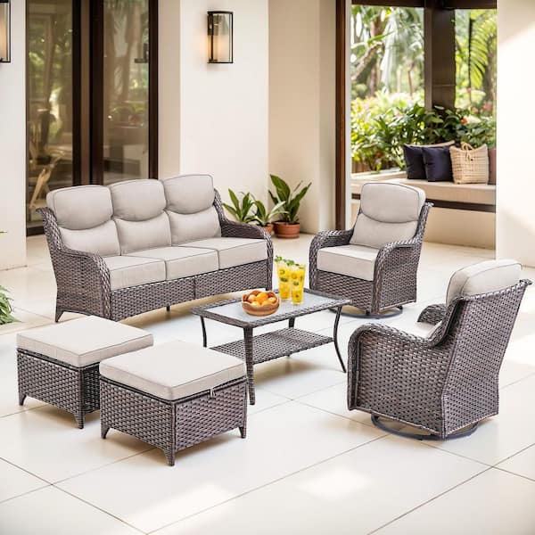 New Vorath Brown 6-Piece Wicker Outdoor Patio Conversation Seating Set with Beige Cushions