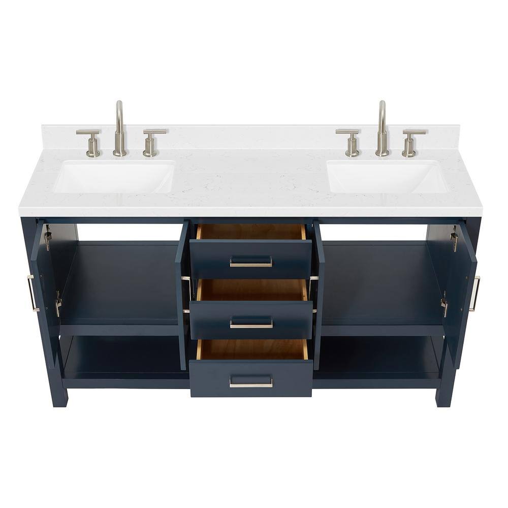 Midnight Blue Solid Wood Double Sink Freestanding Vanity with Quartz Top