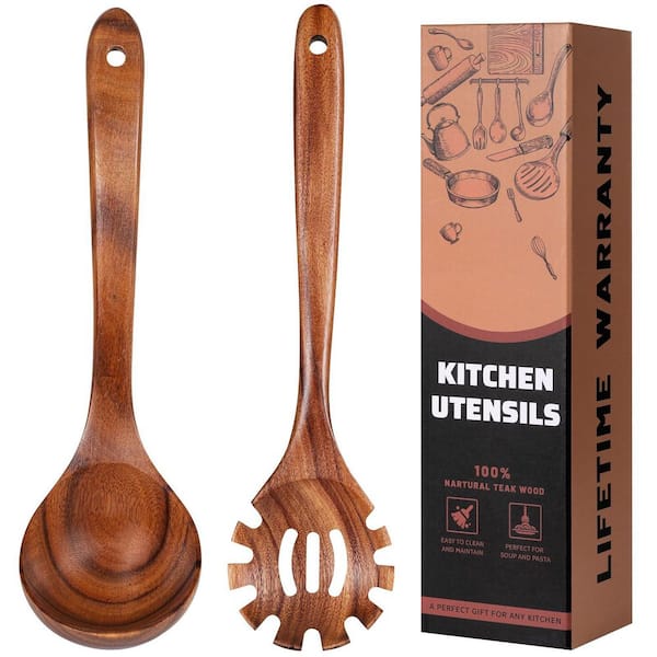 Wooden Spoons for Cooking, Pasta Fork and Ladle Spoon Set, Natural Teak Wood Non-Stick Kitchen Utensils