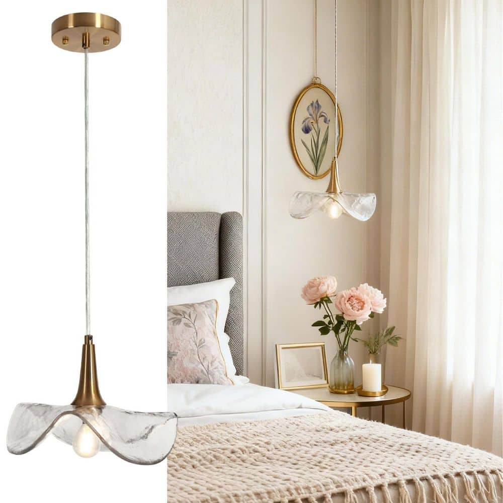 LNC 1-Light Plated Brass Handmade Glass Wave Pendant Light, Modern