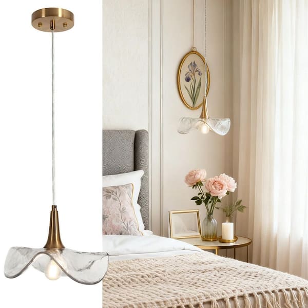 LNC 1-Light Plated Brass Handmade Glass Wave Pendant Light, Modern Retro Kitchen Island Staircase Foyer Flower Hanging Light