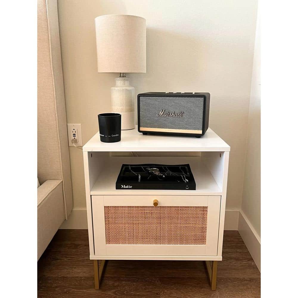Mina White and Gold Rattan Nightstands Set of 2
