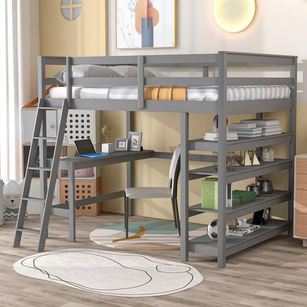ANBAZAR Gray Full Size High Loft Bed Study Kids Loft Bed Loft