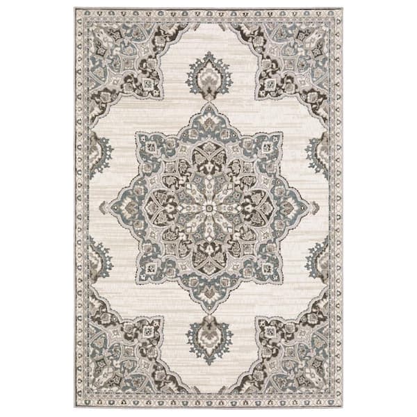 AVERLEY HOME Edgewater Ivory/Blue 5 ft. x 8 ft. Vintage Center Oriental Medallion Polyester Indoor Area Rug