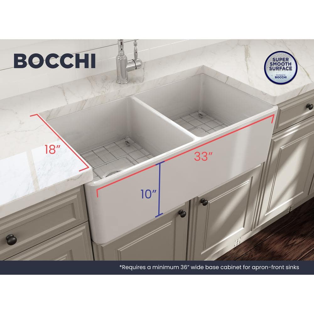 33'' White Fireclay Double Bowl Farmhouse Sink