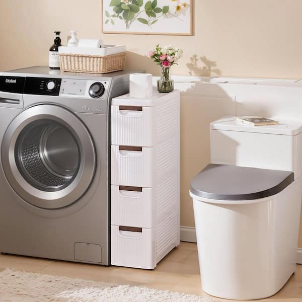 Narrow Bathroom Storage Cabinet with 4-Drawers, Slim Rolling Accent Storage Organizer with Wheels, White