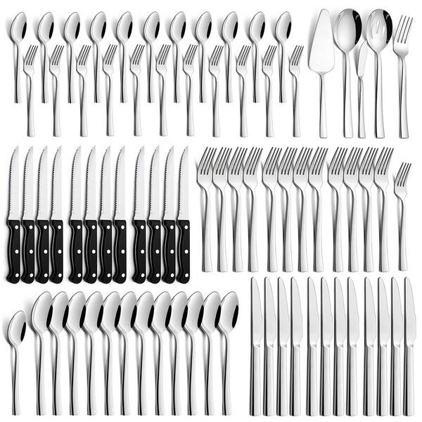 18/0 Stainless Steel 1-Piece Flatware Set with Steak Knives and Serving Utensils, Service for 12