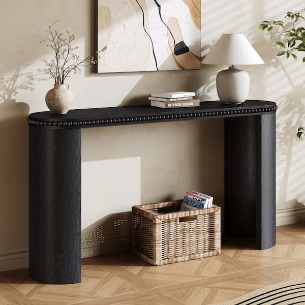 Black Rounded Console Nestfair 59.8 in. Black Oval Wood Console Table with Reversible Curved ...