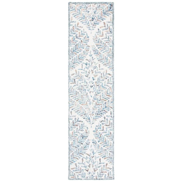 Capri Ivory/Blue 2 ft. x 11 ft. Geometric Leaf Runner Rug
