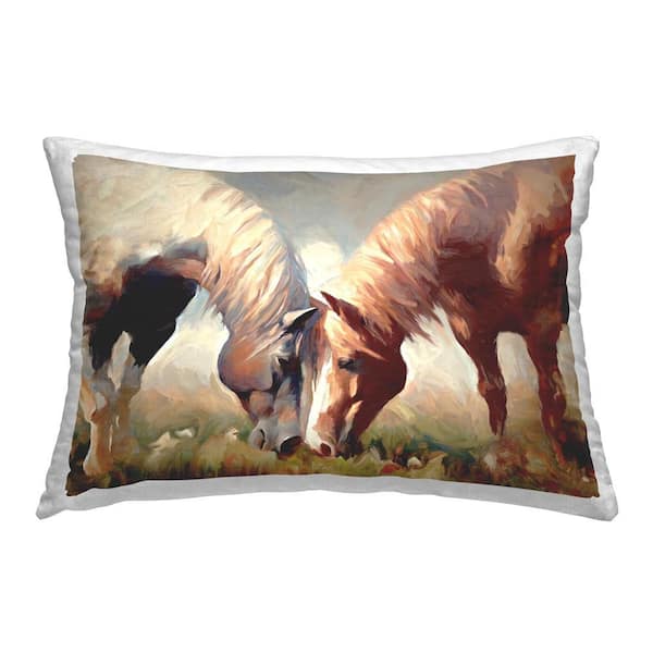 Stupell Industries Horses Feeding Portrait Brown Print Polyester 14 in. x 20 in. Throw Pillow