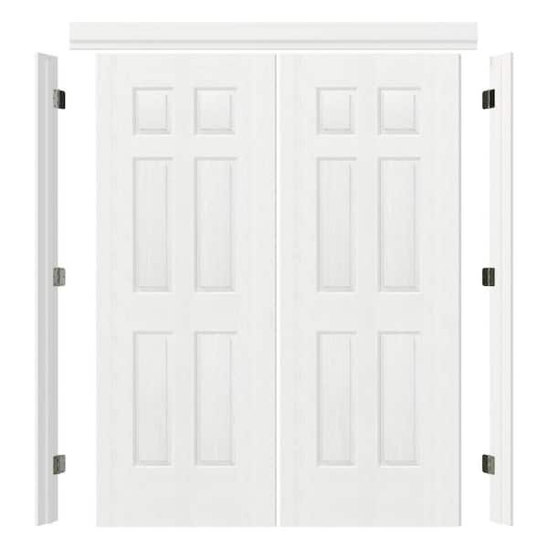 60 in. x 80 in. 6 Panel White Primed Hollow Core MDF. Wood Universal Double French Door with Quick Assemble Jamb