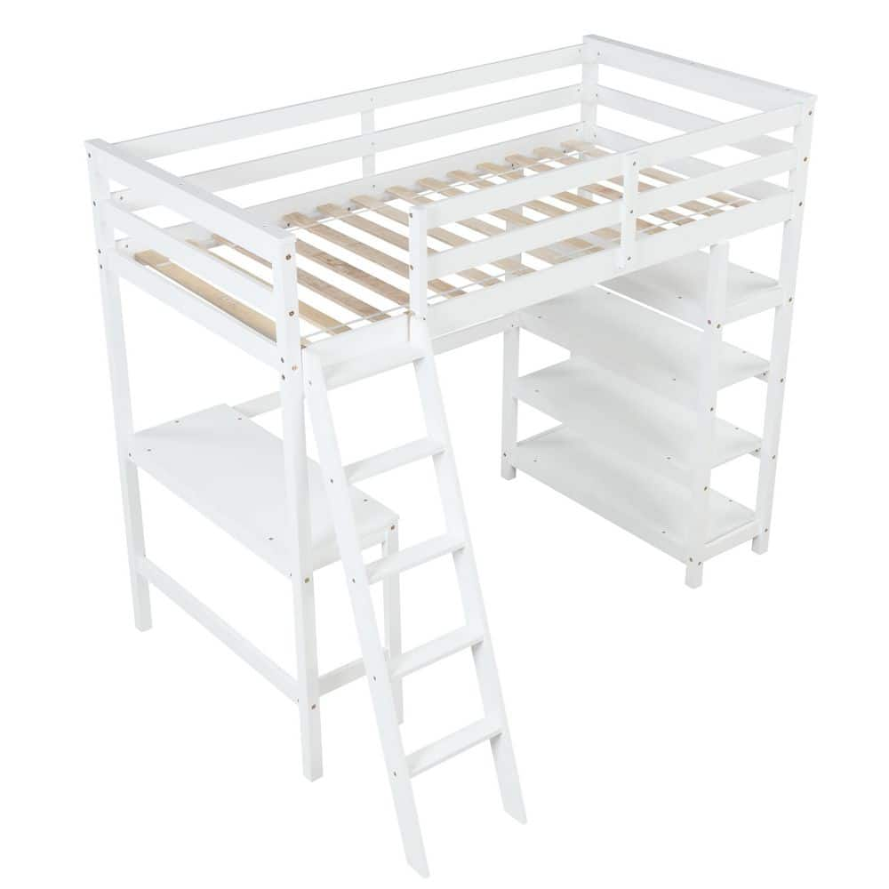 ANBAZAR White Twin Loft Bed with Bookshelves and Desk Sturdy Wooden ...