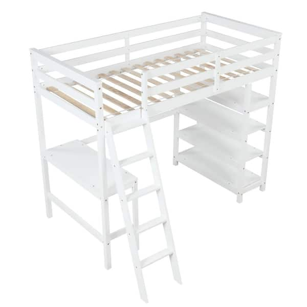 ANBAZAR White Twin Loft Bed with Bookshelves and Desk Sturdy Wooden ...