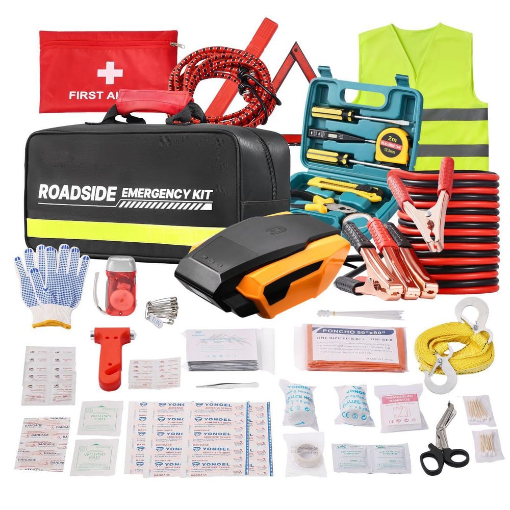 SKYSHALO 2-in-1 Car Emergency Kit with Jumper Cables, 32-Piece