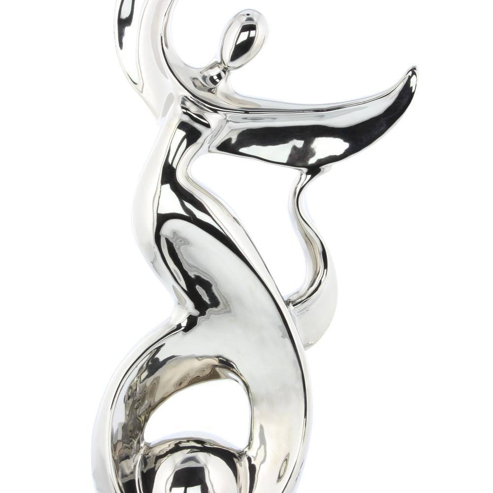 Silver Abstract Ceramic Dancer Statue with Black Base