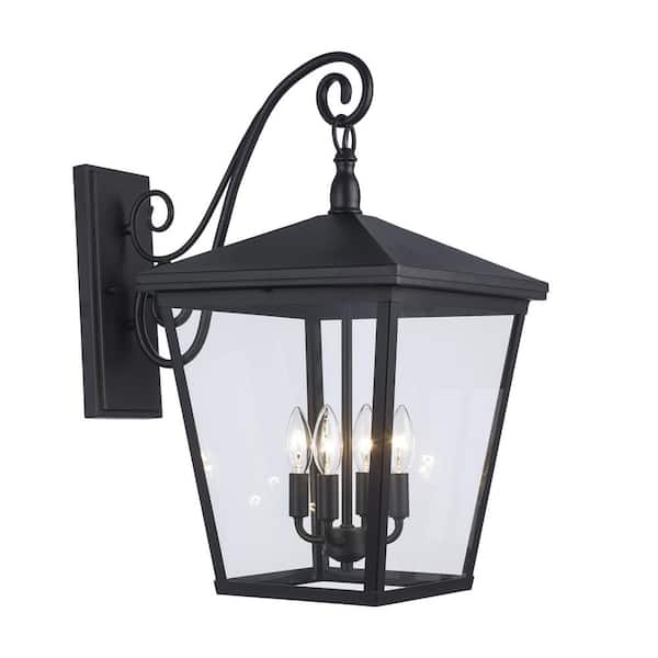 Hampton Bay Buxton Extra Large 23.5 in. 4-Light Black Outdoor Hardwired Wall Lantern Sconce with Clear Glass and No Bulbs Included