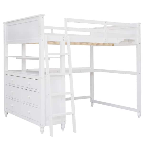 Full size Loft Bed with Drawers and Desk, Wooden Loft Bed with Shelves-White