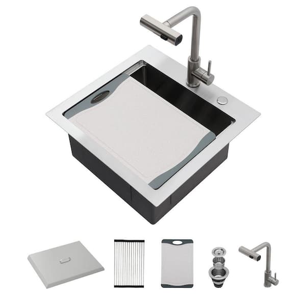21 in. x 20 in.Topmount Single Bowl 16-Gauge Stainless Steel Drop-In Workstation Bar Sink with Cover Board and Faucet