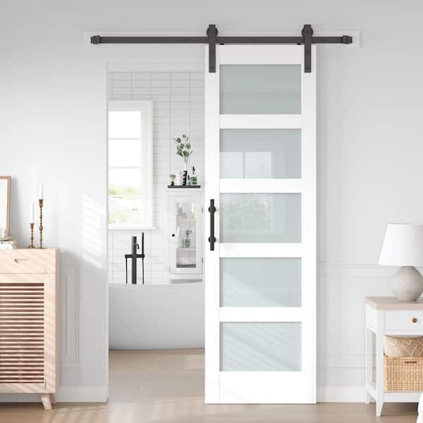 26 in. x 84 in. 5-Lite Frosted Glass White Finished MDF Sliding Barn Door with Hardware Kit