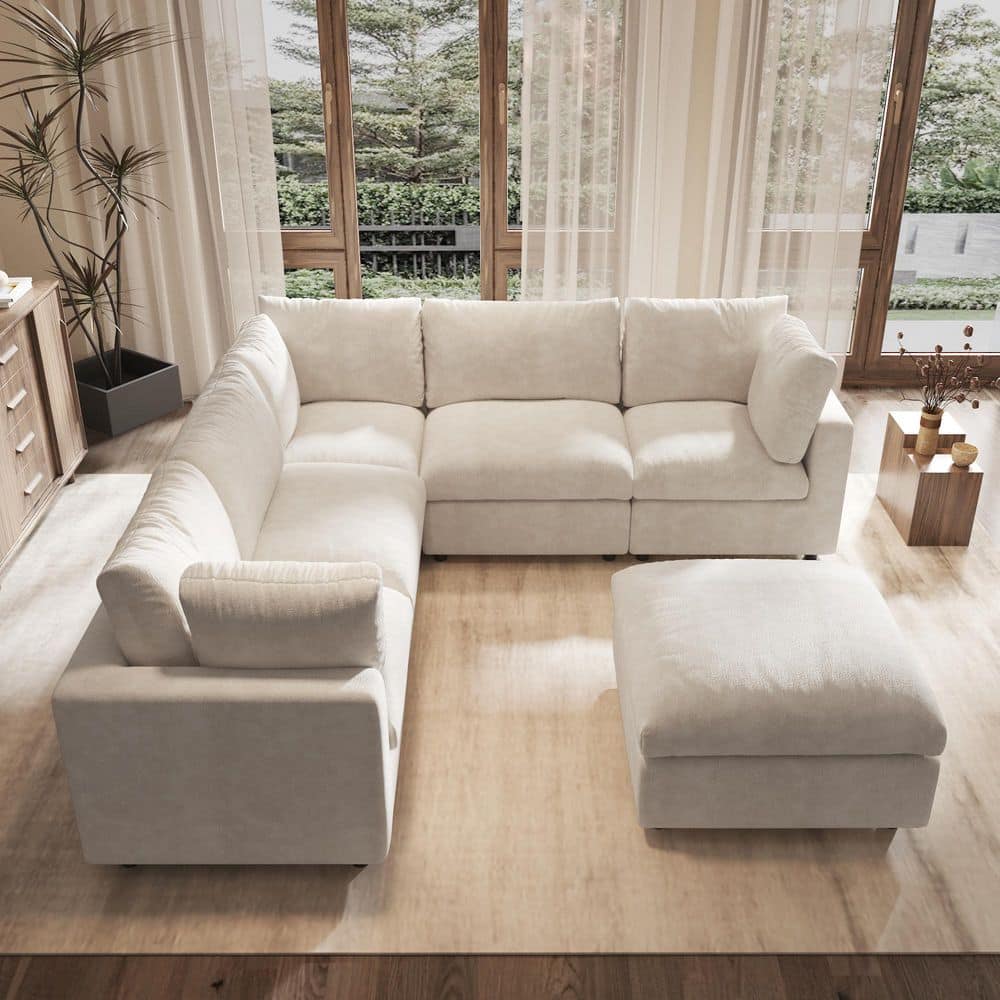 100.5 in. Oversized 6-Piece Chenille Modular Sectional Sofa Flexible Layout with Ottomans and Removable Covers in Beige
