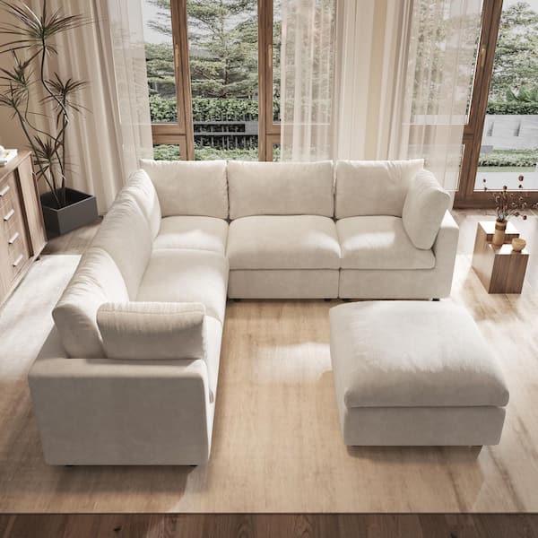 100.5 in. Oversized 6-Piece Chenille Modular Sectional Sofa Flexible Layout with Ottomans and Removable Covers in Beige