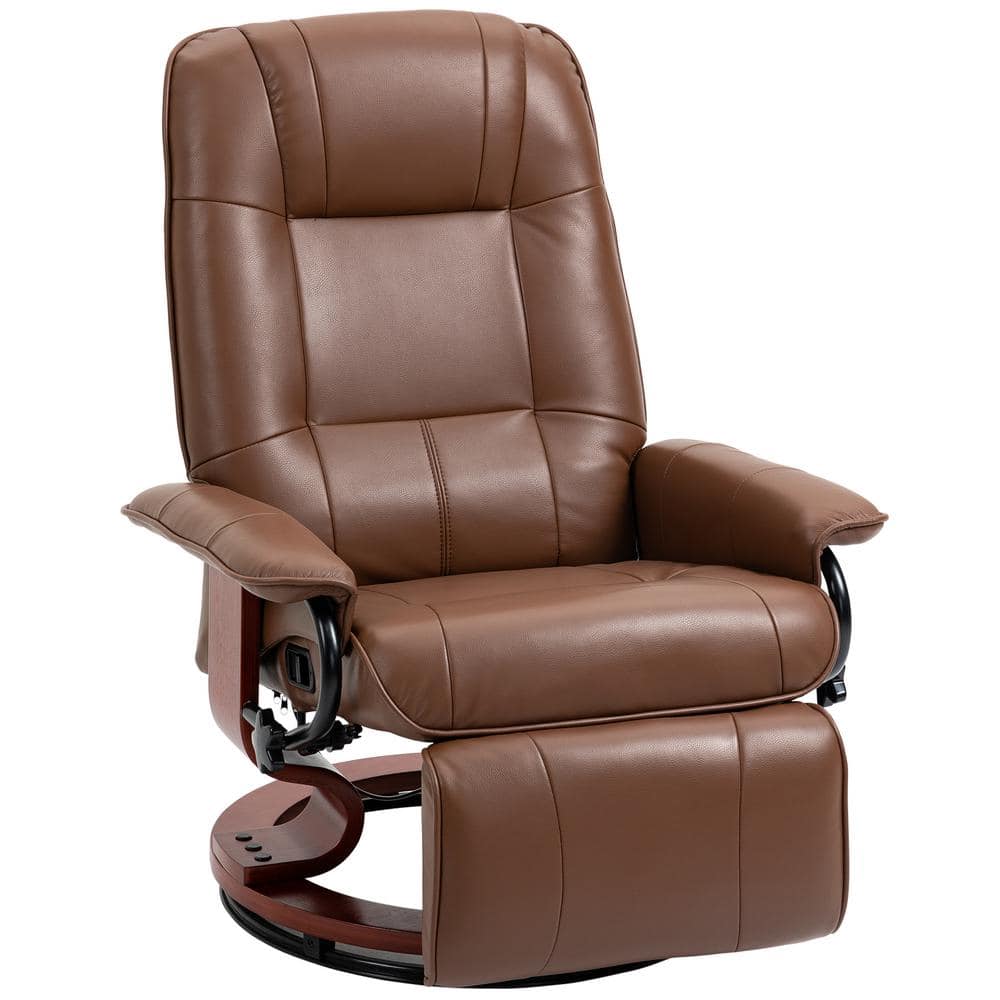 Brown Faux Leather Swivel Recliner with Wood Base