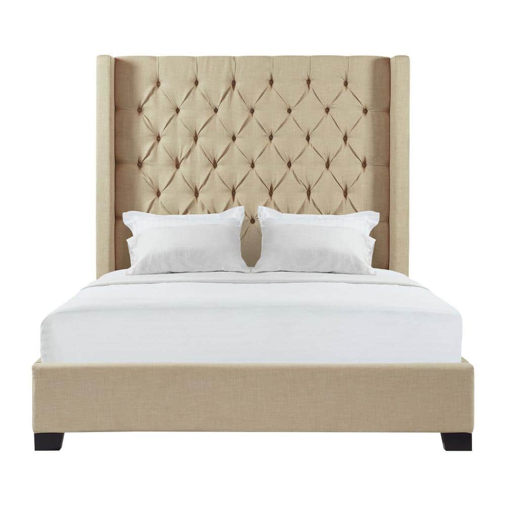 Elegant Queen-Sized Brown Wood Frame Upholstered Bed with Tufted Headboard