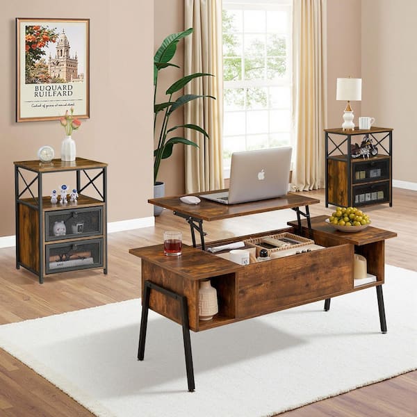 3-Piece Coffee Table Set 40.9 in. Brown Rectangle Wood Coffee Table with Lift-Top, Storage and 2 Side Tables