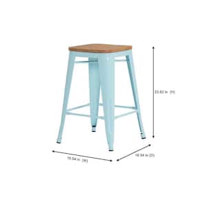 Finwick Seafoam Blue Metal Backless Counter Stool with Natural Wood Seat (Set of 2)