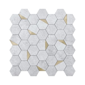 Hexagon Mosaic Tiles Greyish White 12.6 in. x 12.3 in. PVC Peel and Stick Tile for Kitchen, Fireplace (9 sq. ft./Box)