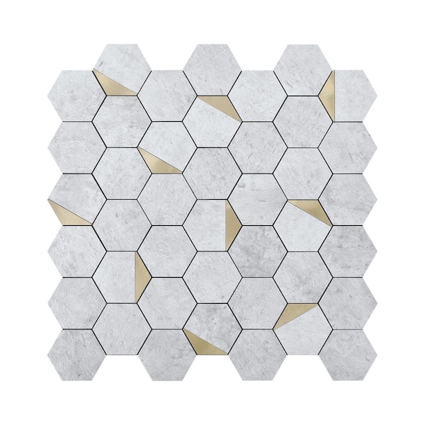 LONGKING Hexagon Mosaic Tiles Greyish White 12.6 in. x 12.3 in. PVC Peel and Stick Tile for Kitchen, Fireplace (9 sq. ft./Box)
