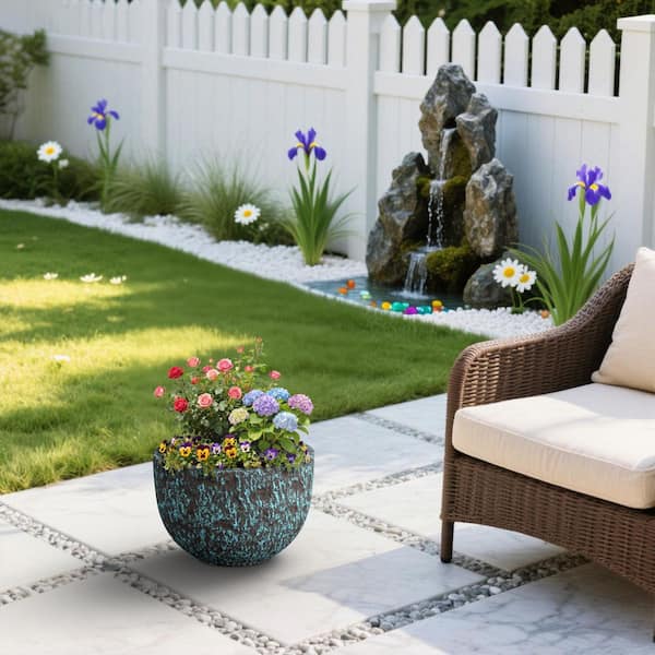 17 in. Large Turquoise(Upgraded Interior) Concrete Round Planter Pot Handcrfted Plant Bowl with Drainage Holes