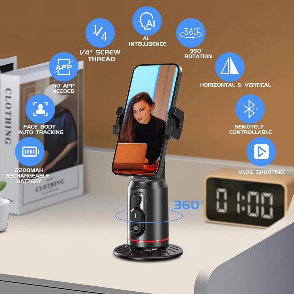 360° Auto Tracking Phone Holder with Remote, Rotating Stand for iPhone, GoPro, Compact Camera, Vlog, Streaming, TikTok - Thumbnail 2