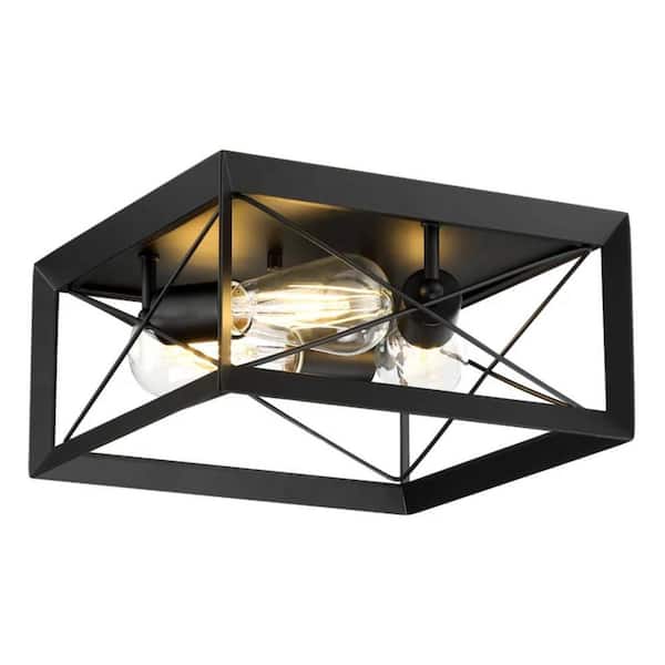 13 in. 3-lights Vintage Cage Style Matte Black Flush Mount with No Bulbs Included