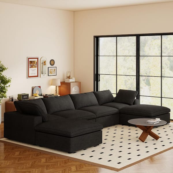 160.6 in. W Square Arm Linen U-Shaped 6-Pieces Modular Free Combination Sofa with Storage Ottoman in Black