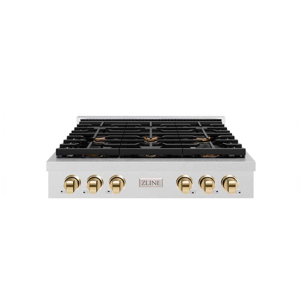 36 in. Autograph Edition Paramount Gas Rangetop with 6 Burners in Satin Steel with Polished Gold Accents