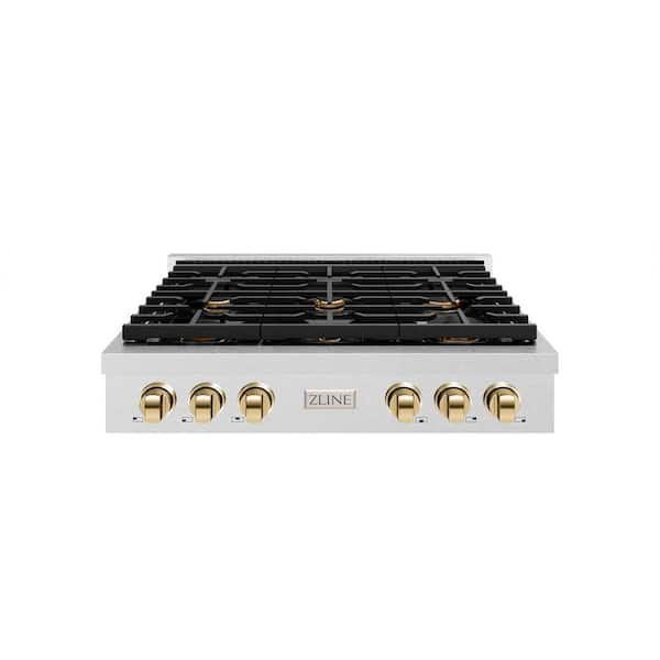 Autograph Edition Paramount 36 in. 6-Burner Porcelain Cooktop in Fingerprint Resistant Steel with Polished Gold Accents