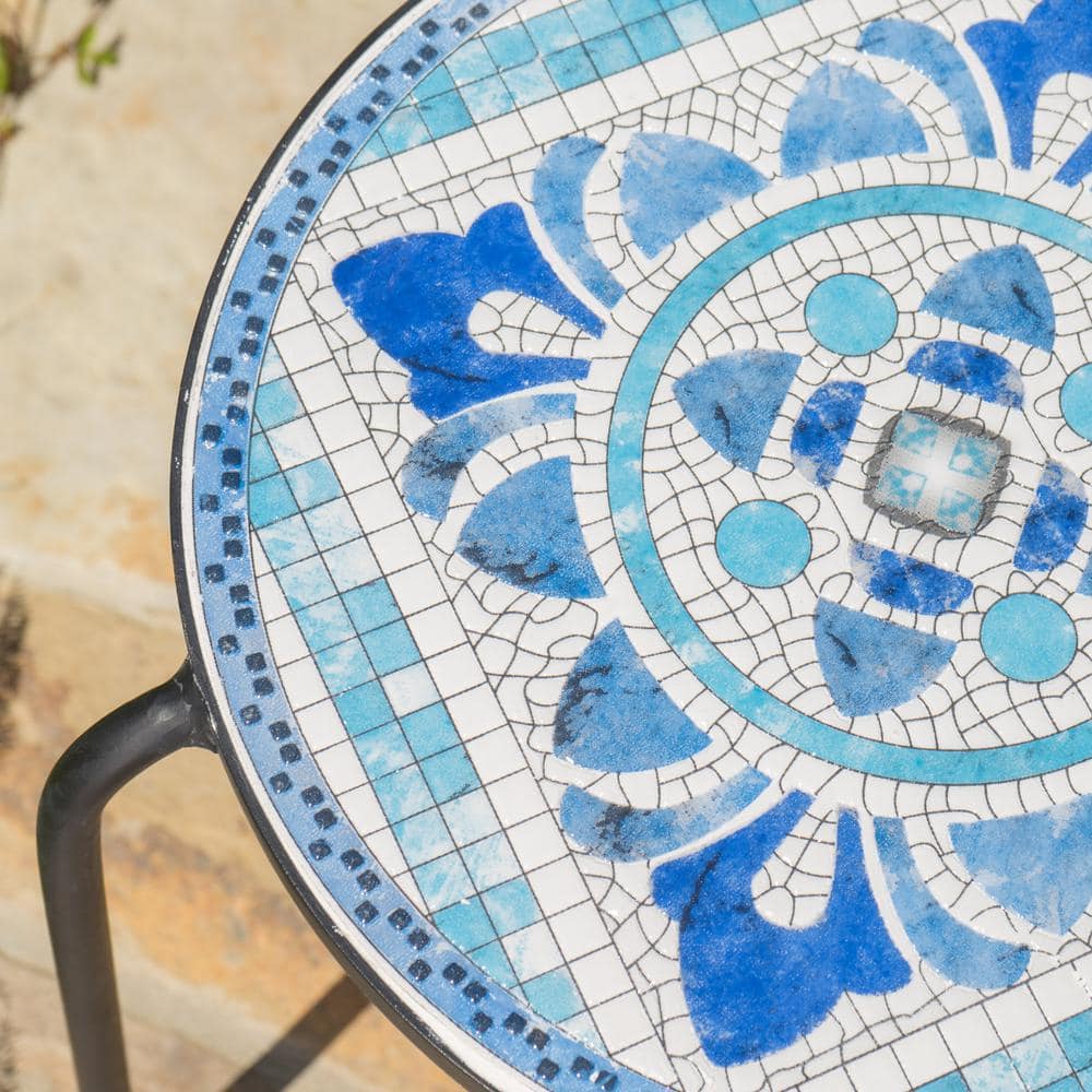 Blue and White Ceramic Tile Outdoor Side Table with Black Iron Frame