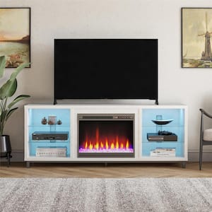 Cleavland 64.75 in. Freestanding Electric Fireplace TV Stand in White Plaster